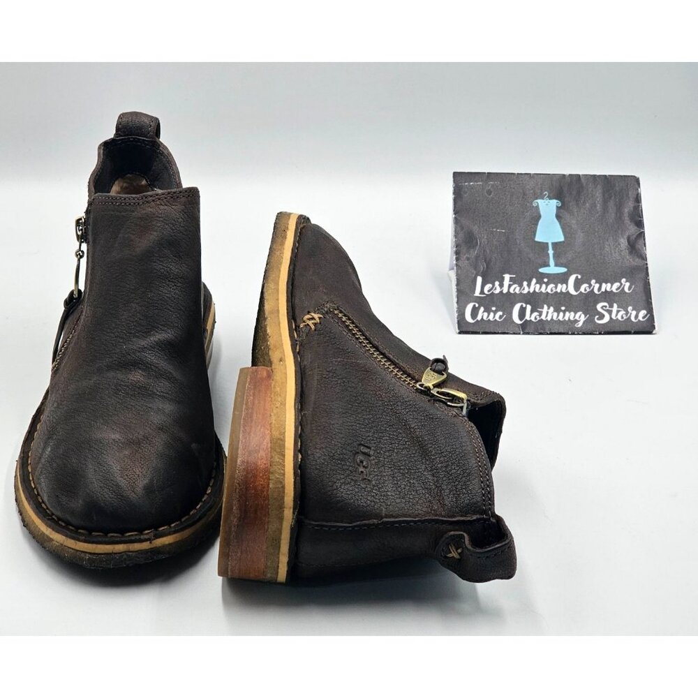 UGG Women's Dark Brown Leather Clementine Shearling Leather Ankle Boot Sz 7 2953 - Picture 12 of 16